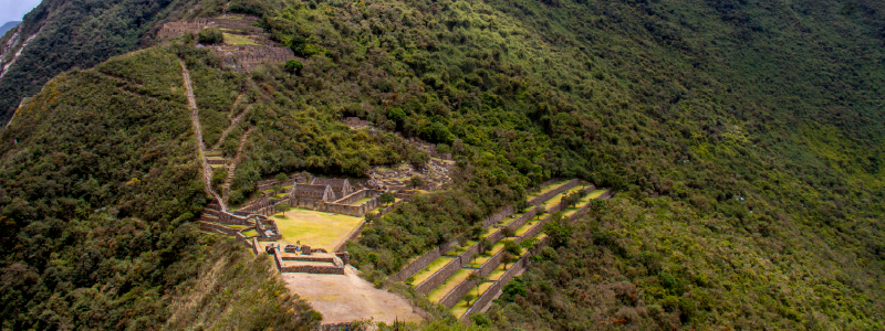 View of Choquequirao archaeological site surrounded by mountains